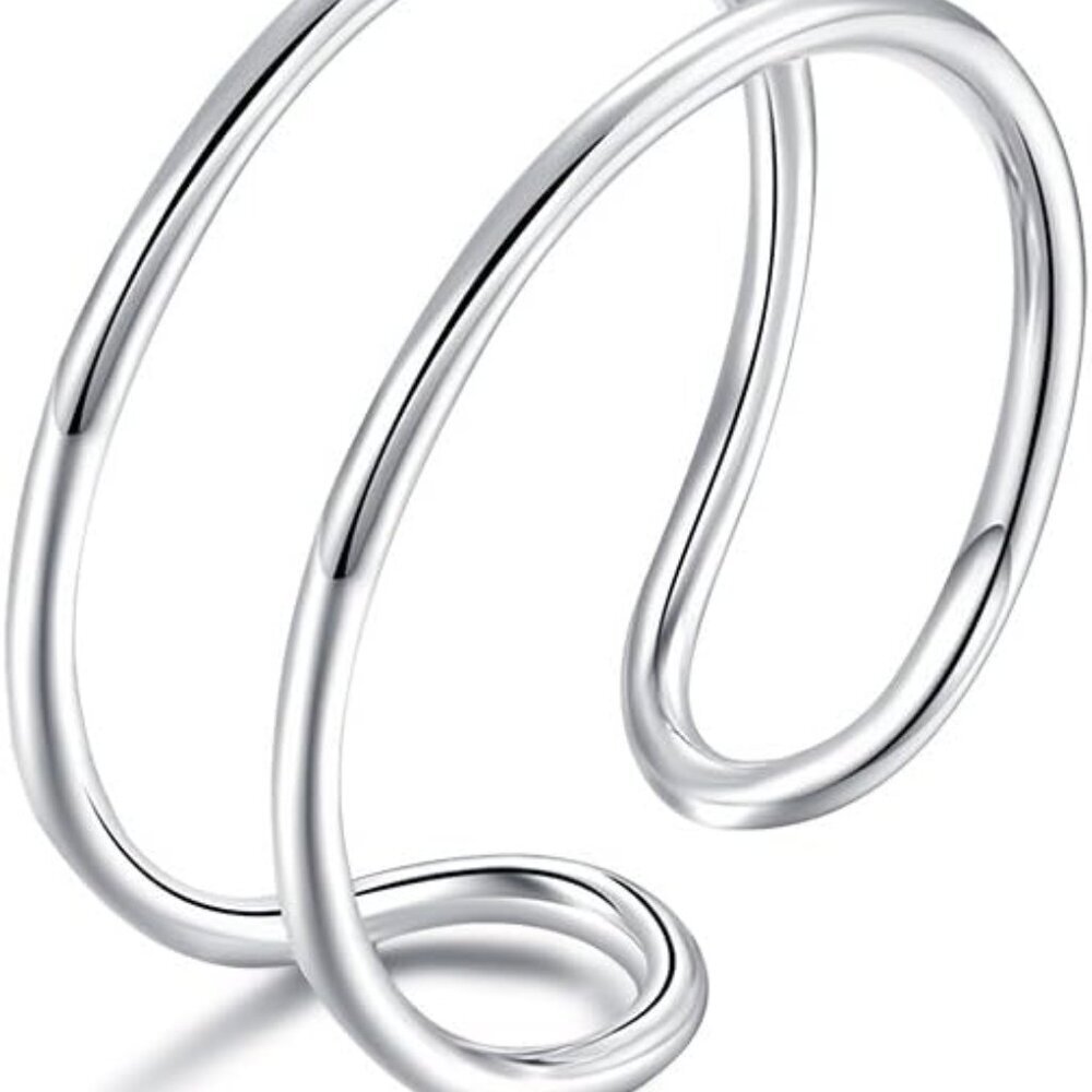 Sterling Silver Simple Band Ring Open Ring Ajustable Wide Band Line Rings